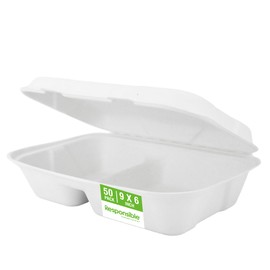 Responsible Products 9 x 6 inch 2-Compartment Hinged Containers, Tree-Less™ Compostable Molded Fiber Takeout Containers, Extra Strength, Tree-Free and Made Without PFAS, White (50 Count)