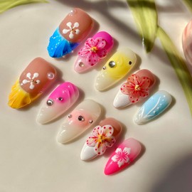 Handmade Press On Nails 3D Floral Medium Almond Shaped Artistic Design Acrylic Pink Stick-On Nails | Durable, Unique, Salon-Quality False Nails (Pink, M)