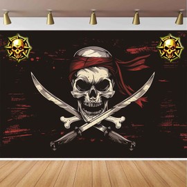 iWeeta 7x5FT Pirate Skull Backdrop Decorations, Jolly Roger Flag Skull Party Background Banner Party Supplies(7x5FT)