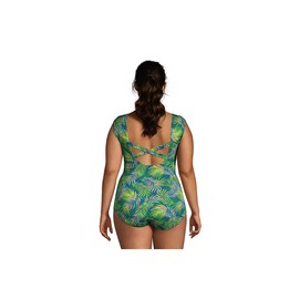 Lands' End Womens Chlorine Resistant Cap Sleeve One Piece Swimsuit Control Baltic Teal Multi Palm Plus 24w