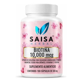 Biotina 10,000 Mcg con Ácido Hialurónico y Colágeno   Citrato de Magnesio  Saisa Herbal  100 Cápsulas  Suplemento Alimenticio  Cabello, Piel, Uñas y