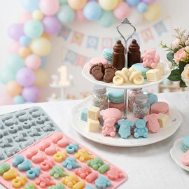 2 Pack Pink and Blue-Gray Baby Shower Chocolate Molds, Silicone Candy Molds for Baby Feet, Bottle, Pacifier, Onesie, Carriage, Bear - Perfect for Party Decorations