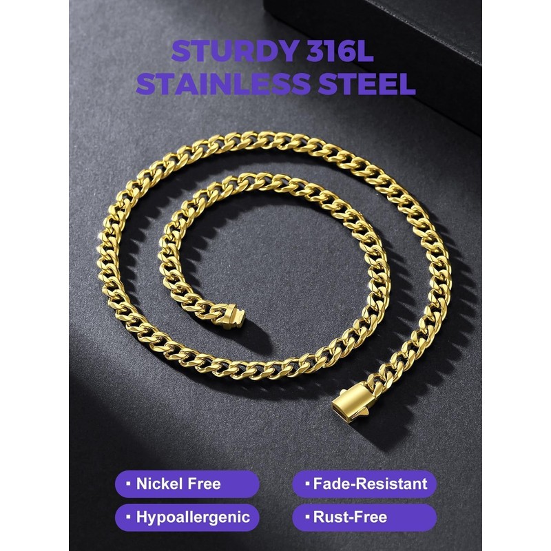 Richsteel Men's Necklace Chain, Gold Cuban Link Chain for Men
