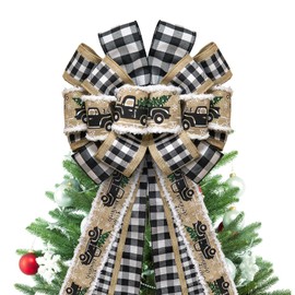 GOGOSY Christmas Tree Topper Bow,48''x 13'' Large Buffalo Plaid Truck Wreath Bows Handmade Xmas Ornaments with Long Burlap Wired Edge Ribbon for Farmhouse Christmas Decoration(Black and White Plaid)