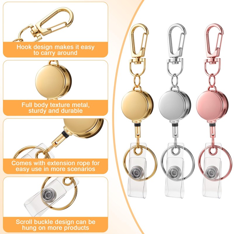 3 Pcs Metal Retractable Badge Holders ID Retractable Badge with