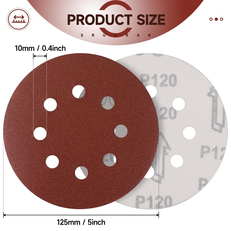 Sruhrak 100 Pcs Sanding Discs, 125mm Sanding Pads Set Hook