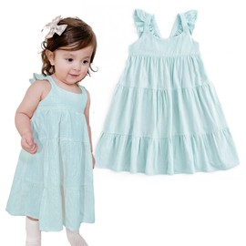 Curipeer Baby Girl Cotton Linen Dress with Smocking Casual Infant Dress Sleeveless Blue Green 18M