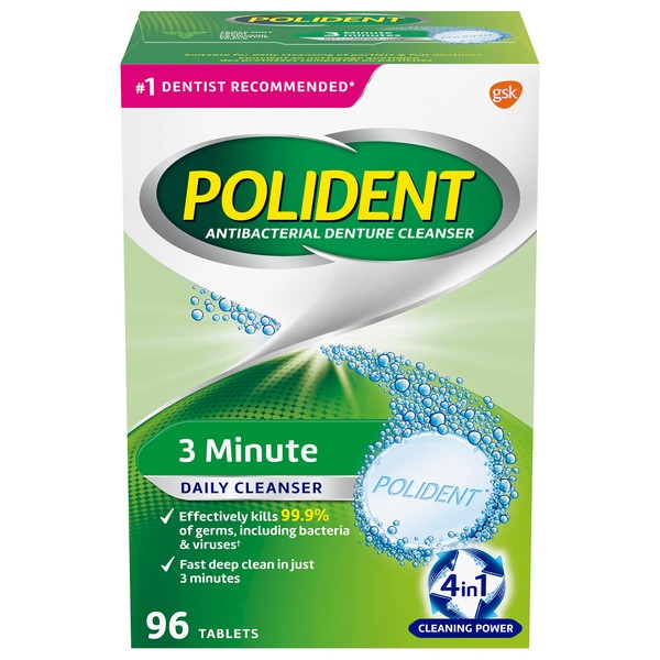 Polident 3 Minute Daily Denture Cleaner Triple Mint Fresh 96 Tabs (Packaging May Vary)