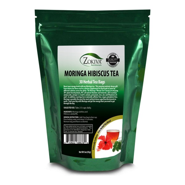 Moringa Hibiscus Tea Bags (30) All-Natural - Caffeine-Free, Premium Herbal Tea