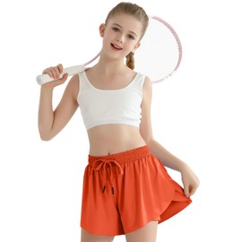 Girls Athletic Butterfly Shorts Orange Flowy Shorts Dance Skorts for Girls with Pocket 2 in 1 Activewear for Bike, Basketball, Soccer Size 8 9
