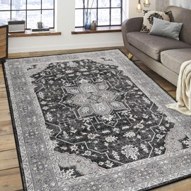 FlyDOIT Vintage Area Rugs for Living Room, 5x8 Grey Floral Medallion Washable Rug for Bedroom, Faux Wool Ultra Soft Retro Accent Rug, Non Slip Indoor Carpet for Kitchen Office Dining Room Decor