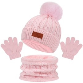 CavspkArt 3Pcs Hat Scarf and Gloves Set for Baby Girls Winter Warm Knit Pom Pom Bobble Hat Pink Winter Thermal Knitted Beanie Hat Scarf Gloves Warm Accessories Sets for Toddler Kids 1-5 Years