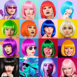 Pelucas Sintéticas para Mujer, Peluca Corta De Bob con Flequillo Pelucas de colores, Neón para Halloween Carnaval de Navidad de Mujer (Pink)