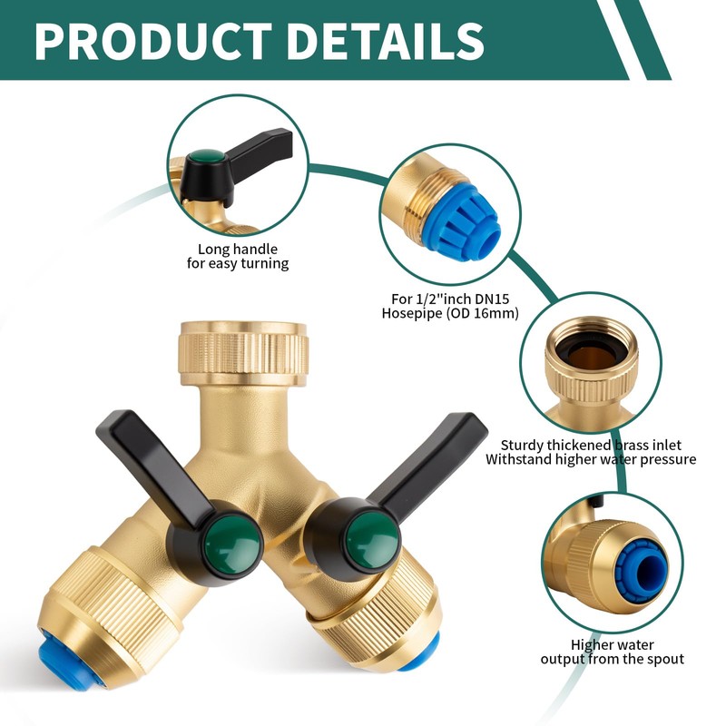 Tesmotor 2 Way Brass Tap Splitter, Garden Hose Y Splitter,