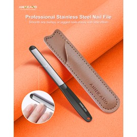 Professional Stainless Steel Nail File with Leather Case, ANIHCANO Curved Surface Heavy Duty Reusable Nail File for Home Salon or Travel Use (Black Stainless Steel File)