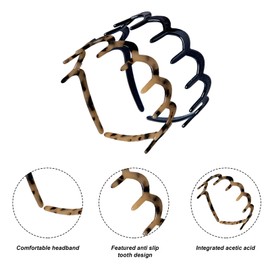 2 Pcs 90s Zig Zag Headband,Plastic Zig Zag Wavy Headband, Non-Slip Shark Tooth Hair Band, Unisex Hair Ties Accessories (Black, Amber)