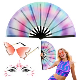 BOFUNX 90s Festival Outfit Rave Fan + Glitter Stones Face + Butterfly Glasses 90s Party Outfit for Hippie Neon Mallorca Carnival 90s Party Festival Outfit Accessories