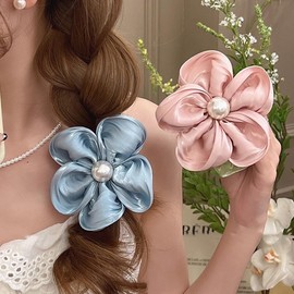 2 Pack Flower Satin Colorful Hair Ropes Handmade Flower Stretchy Rubber Elastics Hair Ties Ponytail Holders Floral Pearls Headbands Fancy Decorative Accessories for Women Girls Set of 2, Pink and Blue