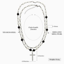 IDOKAWA Cross Necklace for Men Black White Pearl Necklace Rosary Stainless Steel Necklace 10mm Double Layered Cuban Link Fashion Jewelry Baptism Gifts for Him