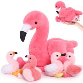 MorisMos 45 cm Sitting Plush Flamingo with 4 Babies in Belly, Pink Cute Cuddly Flamingo Plush Toy, Soft Toy, Decorative Cushion, Birthday Theme Party, Christmas Gift