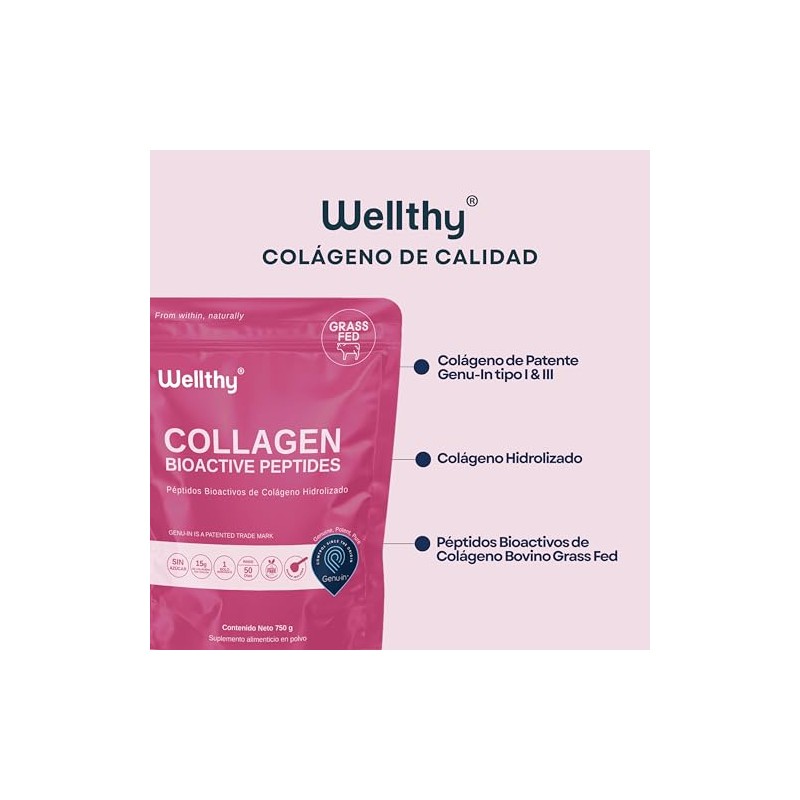 Wellthy Colageno Hidrolizado Puro 750g Péptidos Colágeno Bioactivos Genu Porciones