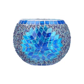 OSALADI 1 Pack Mosaic Glass Tealight Candle Holders Handmade Mosaic Glass Candlesticks Romantic Glass Votive Candle Holder Centerpiece for Valentines Thanksgiving Party Home Decor, Blue