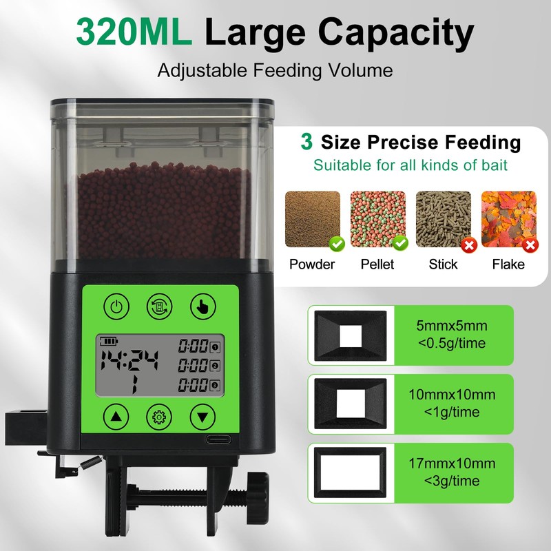 Lychee Automatic Fish Feeder - USB Rechargeable 320ML Large Capacity