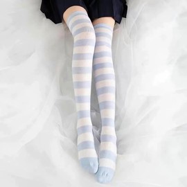 FASXIR - Calcetines largos hasta la rodilla, estilo japonés azul/rosa a rayas y hasta la rodilla, para mujeres y adolescentes, 1 par de rayas azules y blancas claras, Large