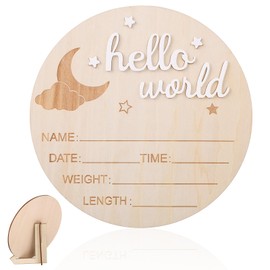 Wooden Hello World Newborn Sign, 5.8in Birth Announcement Board Baby Name Plaque Birth Stats Board for Boys and Girls Cute Nursery & Hospital Photo Prop