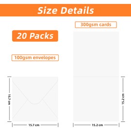 20 Pack 6x6 inch Blank White Greeting Cards and Envelopes, 300gsm Blank Cards and 100gsm Envelopes for Card Making, Invitation and Greeting Cards (15.2x15.2cm)