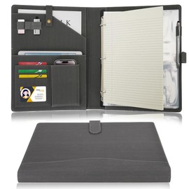 Wonderpool A4 PU Leather Portfolio Holder Ring File Document Case with Removable Binder Clipboard, Multi Pocket and Legal Pad for Business Organizer Interview and Meeting (Gray)