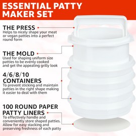 Mission Gallery Hamburger Press Patty Maker - 4 in 1, Burger Mold, Patty Press, 4 Storage Containers, 100 Round Papers - Hamburger Patty Maker Tool for BBQ - Burger Shaper for Meat, Veggie Patties