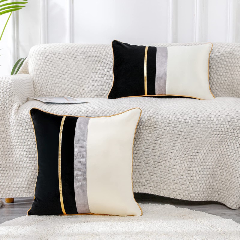 PANOD Patchwork Black Silk-Like Velvet Throw Pillow Cover with Gold