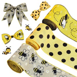 Honeybee RibbonH, Wired Ribbon – Versatile Ribbon for Gift Wrapping, Delightful Gift Ribbon with Bee Pattern, Honeybee Ribbon Wired Edge, Yellow Satin with Honeybee Polka Dot