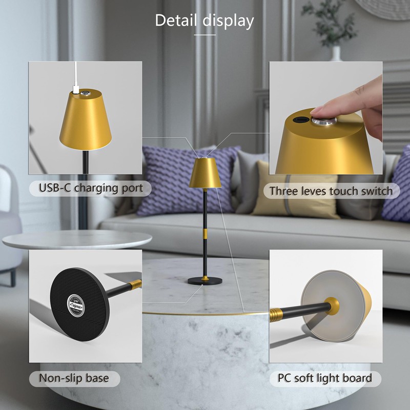 Timjorman Modern LED CordlessTable Lamp,4000mAh Rechargeable Battery Desk lamp,3 Level
