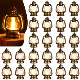 Ferraycle 24 Pcs Mini Lantern Decorative with LED Candle 4 Inch Small Hanging Lantern Ornaments Camping Table Centerpiece Vintage Lantern Ornament Bulk for Western Cowboy Xmas (Retro Gold)