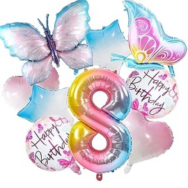 9Pcs Butterfly Balloons 8th Birthday Decorations for Gradient Colorful Butterfly Foil Balloons 8 Years Old Fairy Butterfly Theme Birthday Party Supplies Decor