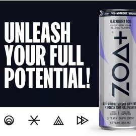 ZOA+ Pre-Workout Energy Drink Supplement -(BlackBerry Acai) 12 (pack) no sugar