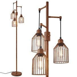 A1A9 Dimmable Farmhouse Floor Lamp for Living Room, Industrial Tree Floor Lamp with Elegant Hanging Cage, 3 x LED Edison Bulbs Included, 68.5" Tall Standing Lamp for Bedroom Office Home Decor (Wood)