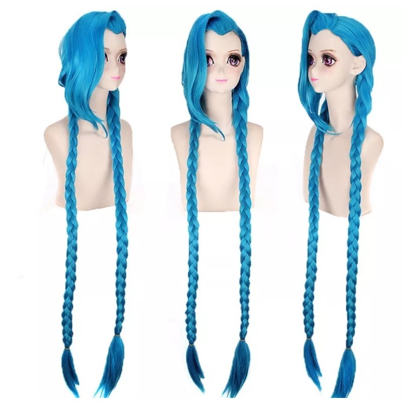 Jextech Peluca Jinx Doble Trenza 100cm League Of Legends Cosplay