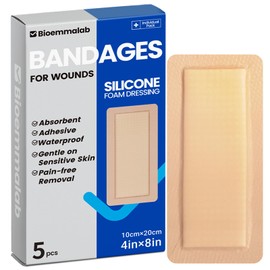 Large Waterproof Bandages 4x8 Silicone Foam Dressing for Sensitive Skin Wound Care, Adhesive Cohesive Pad with Border for First Aid, Post Surgical and Burn, Pressure, Scar Healing (5 Packs)