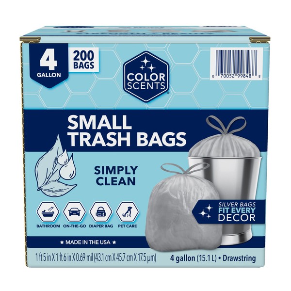 Color Scents Small Trash Bags - 4 Gallon, 200 Total Bags (1 Pack of 200 Count), Drawstring - Silver Bag in Linen Fresh Scent