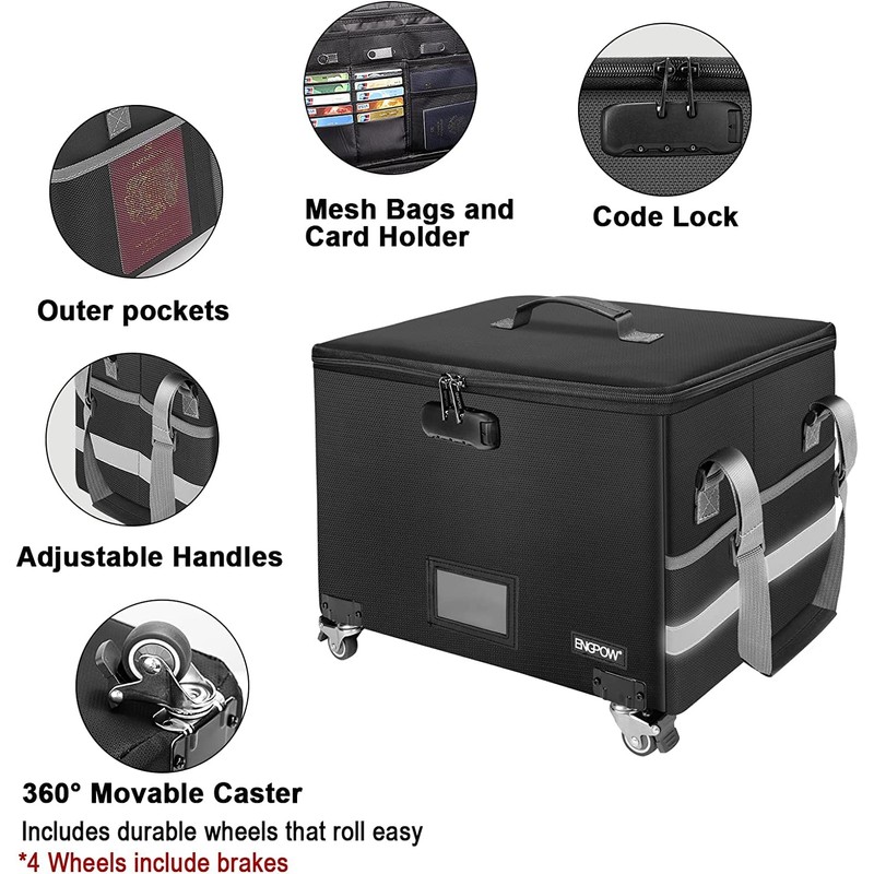 ENGPOW File Box with Wheels, Fireproof Document Box with Lock,Collapsible