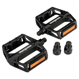 Mongoose - Pedales de Bicicleta de montaña para Adultos, adaptadores de 1/2" y 9/16", Pedal de Plataforma de Bicicleta de aleación Duradera, Tiras refectivas, Accesorios de Bicicleta MTB