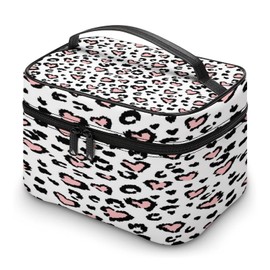 Xmkltbz Large Women Wash Bag, Cosmetic Organizer Train Toiletry Storage Case Holder Zipper Makeup Bag Pouch 9.8x7.5x5.9 in Print Leopard Jaguar Skin with Pink Hearts Black Spots Animal Print