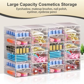 Acrylic Drawer Organizer with 22 Drawers, 4 Set Make Up Desk Organizer, Office Organization and Storage, Clear Stackable Storage Drawers, Craft Organization for Countertop, Jewelry, Pen, Art Supply