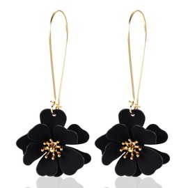 Flower Earrings, Black Earrings, Women's Handmade Flower Earrings with Matte Lacquer Layered Blossom Design, Lightweight Bohemian Jewellery for Party, Daily Wear and Special Occasions