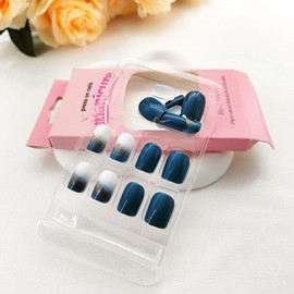 Press on Nails Short Square Fake Nails Sea Blue Acrylic Nails Press ons Glossy Full Cover False Nails with Golden Glitter Designs Glue Stick on Nails for Women Girls 24 Pcs