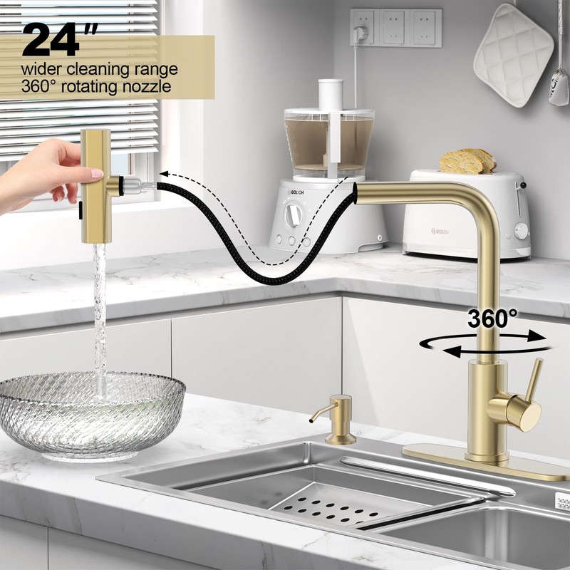 AVSIILE Brushed Gold Waterfall Kitchen Faucets with Pull Down Sprayer
