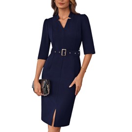 GRACE KARIN Office Dresses V Neck 3/4 Sleeve Wrap Dress Church Dresses for Women Elegant Pencil Dress XXL Navy